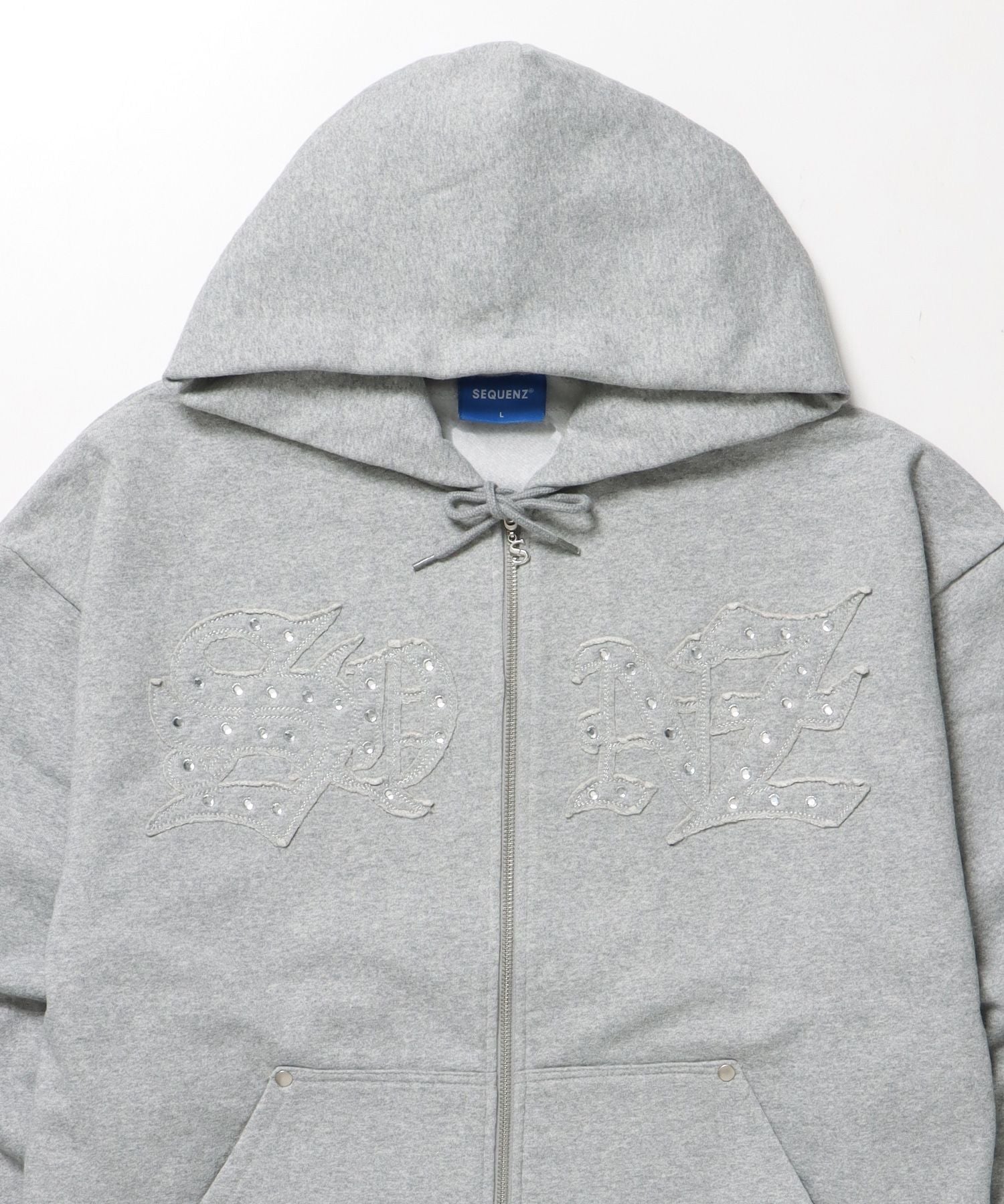 APPLIQUE STONE FADE ZIP P/K / ラインストーン ジップパーカー ダブルジップ 裏起毛 加工 【セットアップ】 グレー