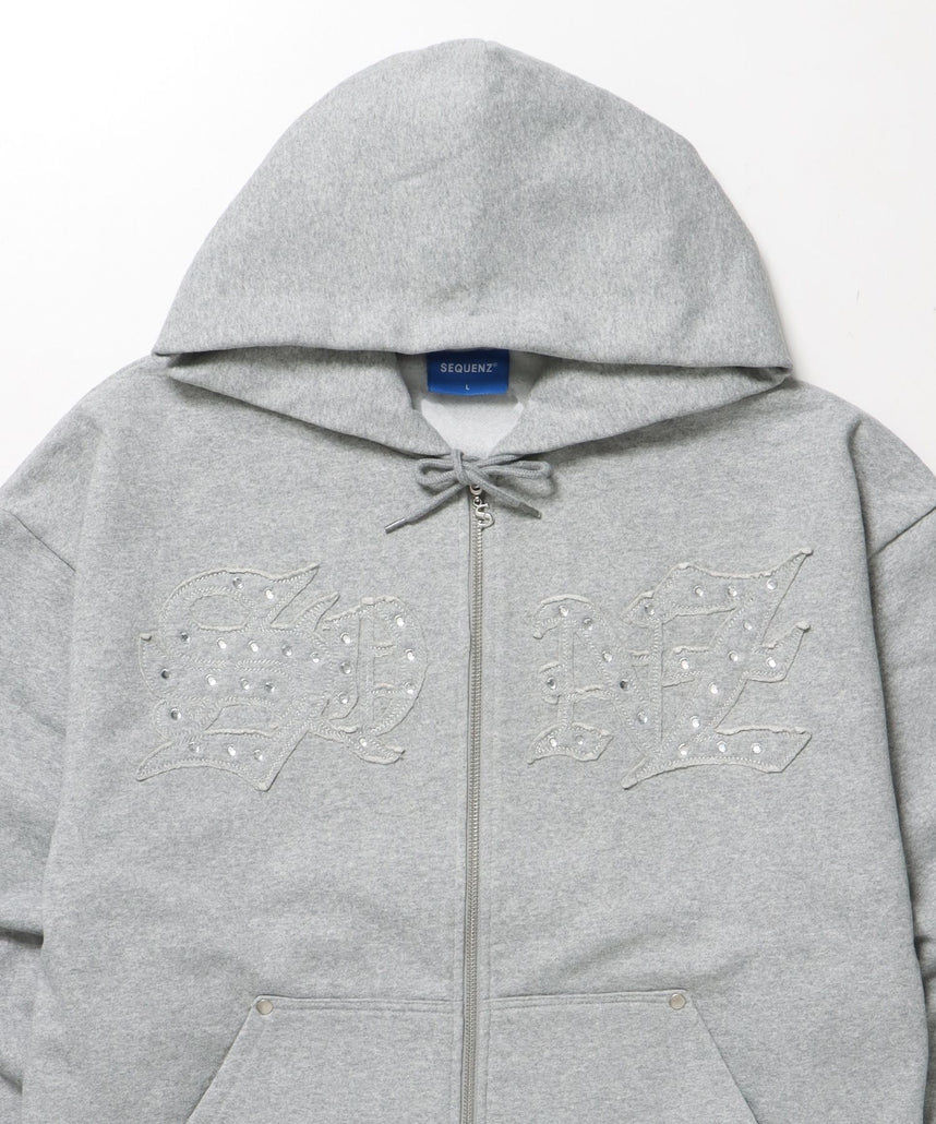 APPLIQUE STONE FADE ZIP P/K / ラインストーン ジップパーカー ダブルジップ 裏起毛 加工 【セットアップ】 グレー