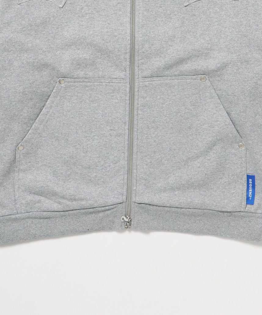 APPLIQUE STONE FADE ZIP P/K / ラインストーン ジップパーカー ダブルジップ 裏起毛 加工 【セットアップ】 グレー