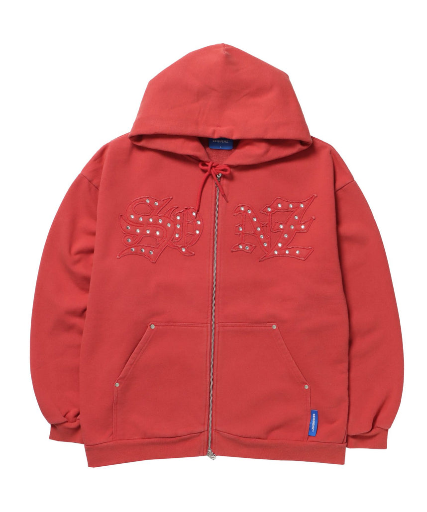 【SEQUENZ(シークエンズ)】APPLIQUE STONE FADE ZIP P/K / ラインストーン ジップパーカー ダブルジップ 裏起毛 加工 【セットアップ】 レッド
