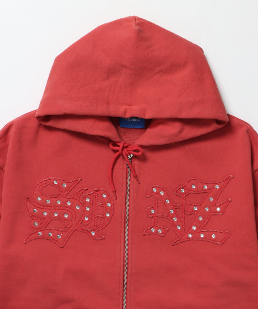 APPLIQUE STONE FADE ZIP P/K / ラインストーン ジップパーカー ダブルジップ 裏起毛 加工 【セットアップ】 レッド
