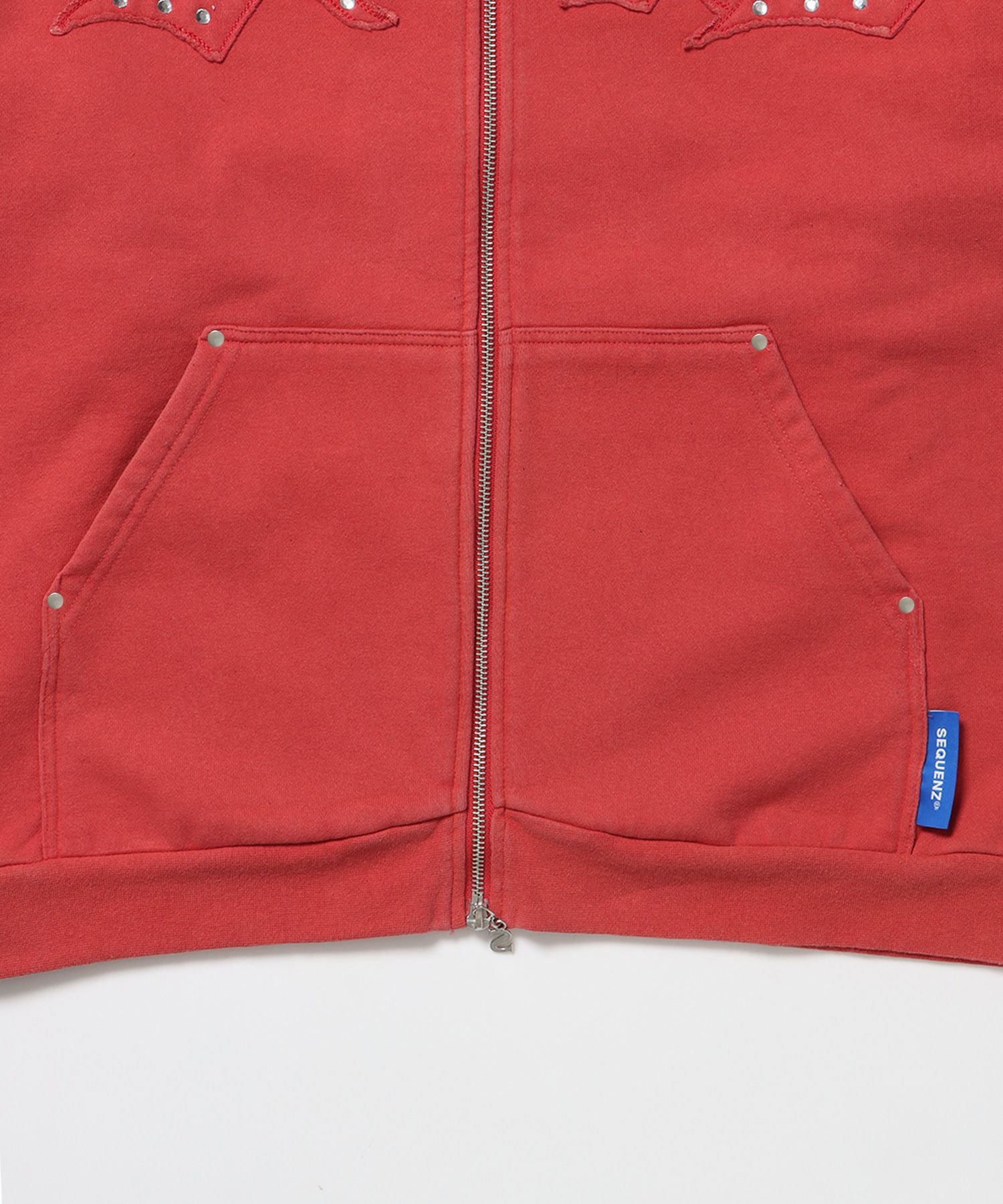 APPLIQUE STONE FADE ZIP P/K / ラインストーン ジップパーカー ダブルジップ 裏起毛 加工 【セットアップ】 レッド