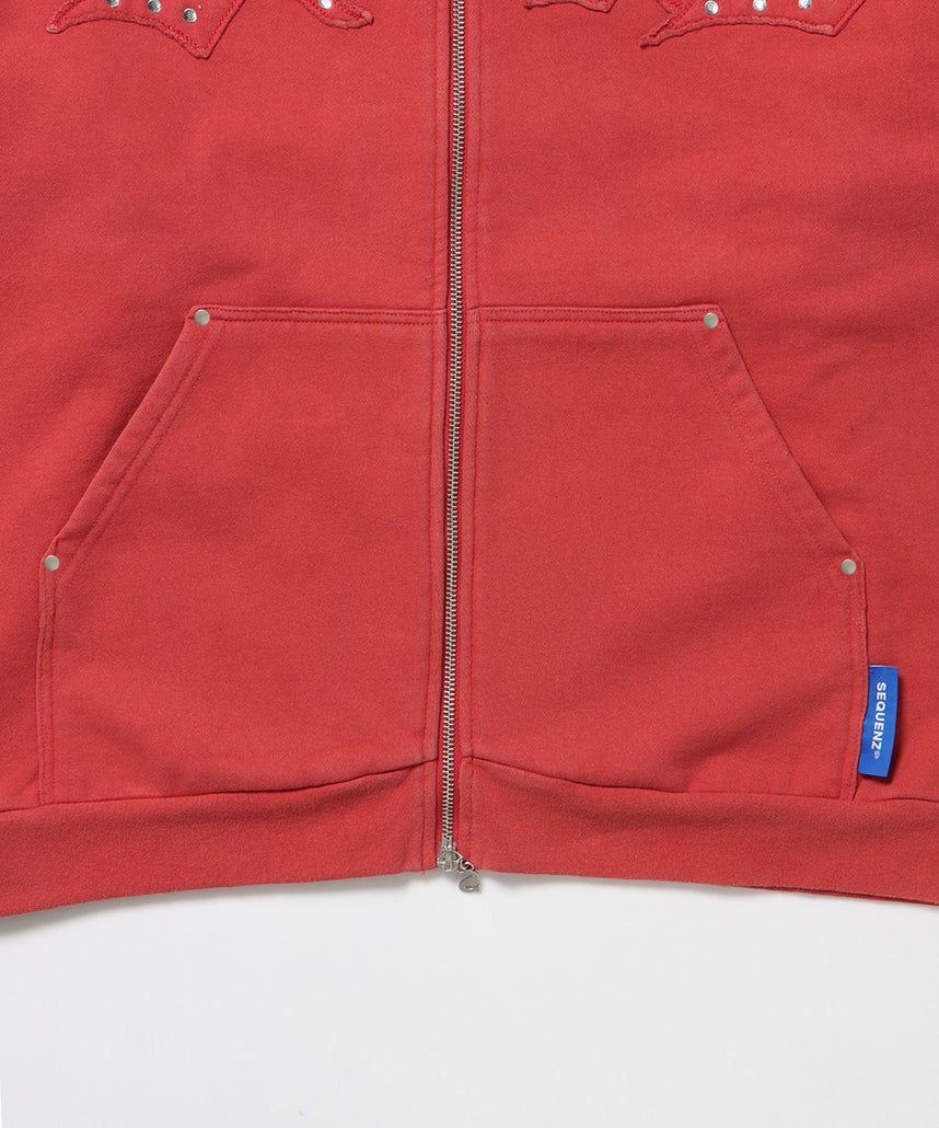 APPLIQUE STONE FADE ZIP P/K / ラインストーン ジップパーカー ダブルジップ 裏起毛 加工 【セットアップ】 レッド