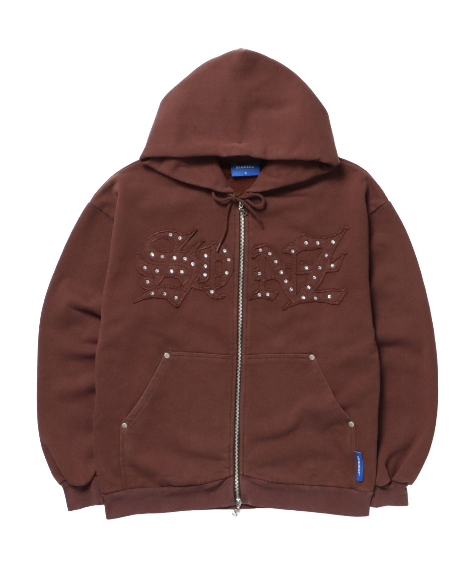 【SEQUENZ(シークエンズ)】APPLIQUE STONE FADE ZIP P/K / ラインストーン ジップパーカー ダブルジップ 裏起毛 加工 【セットアップ】 モカ