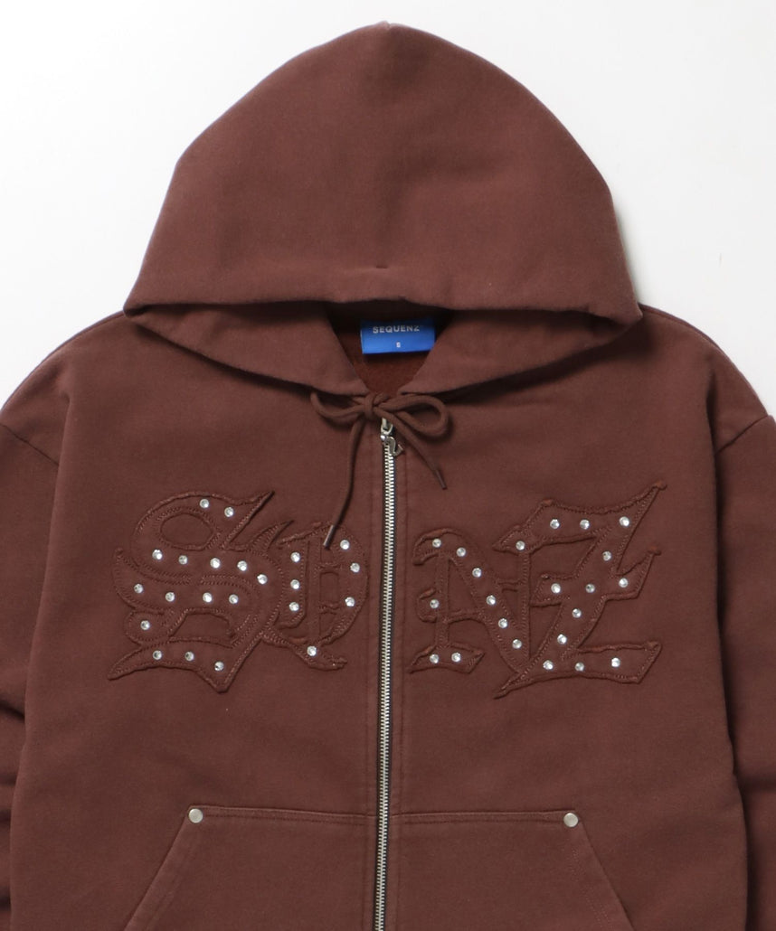APPLIQUE STONE FADE ZIP P/K / ラインストーン ジップパーカー ダブルジップ 裏起毛 加工 【セットアップ】 モカ