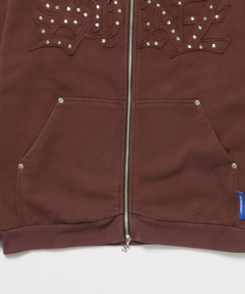 APPLIQUE STONE FADE ZIP P/K / ラインストーン ジップパーカー ダブルジップ 裏起毛 加工 【セットアップ】 モカ