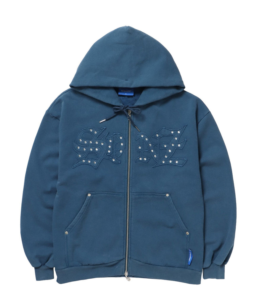 【SEQUENZ(シークエンズ)】APPLIQUE STONE FADE ZIP P/K / ラインストーン ジップパーカー ダブルジップ 裏起毛 加工 【セットアップ】 ブルー