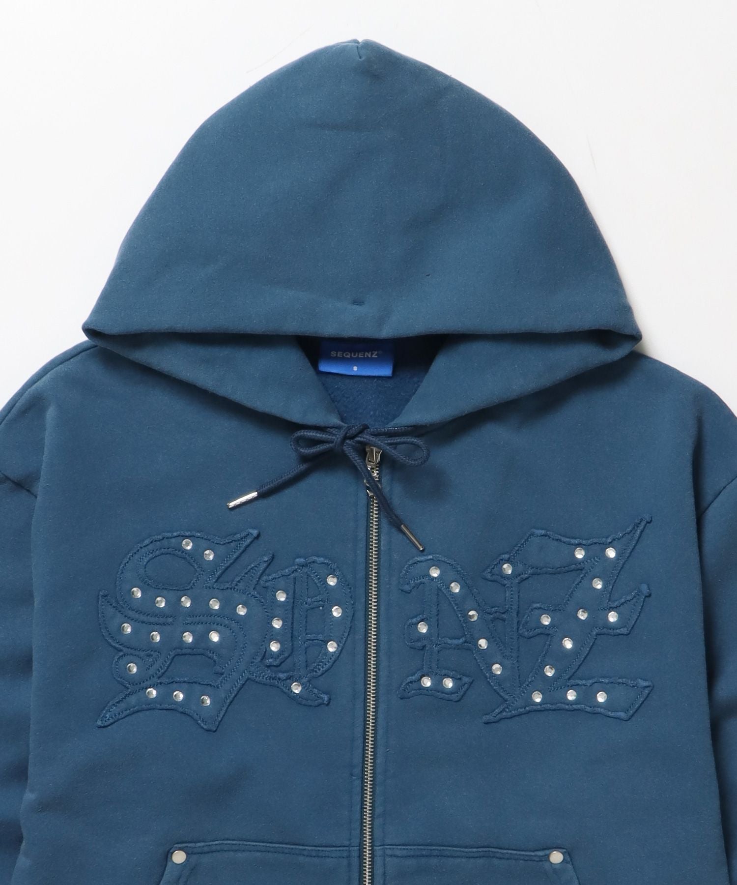 APPLIQUE STONE FADE ZIP P/K / ラインストーン ジップパーカー ダブルジップ 裏起毛 加工 【セットアップ】 ブルー