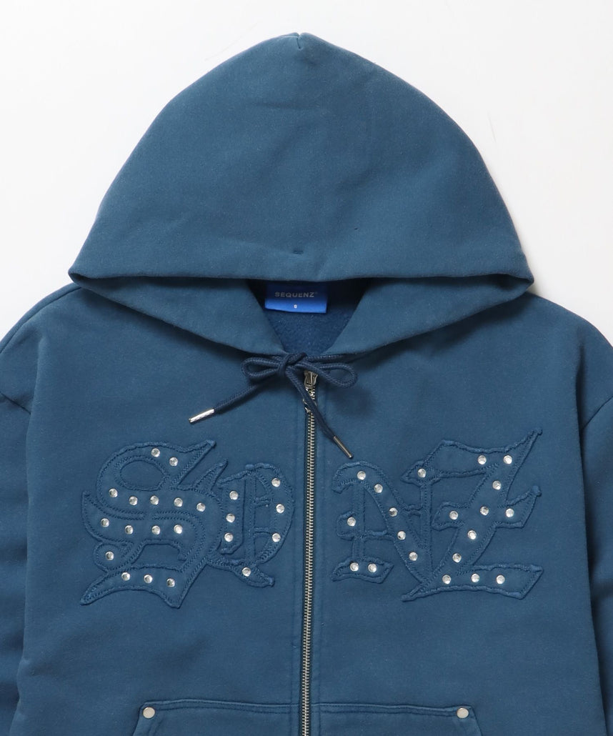 APPLIQUE STONE FADE ZIP P/K / ラインストーン ジップパーカー ダブルジップ 裏起毛 加工 【セットアップ】 ブルー