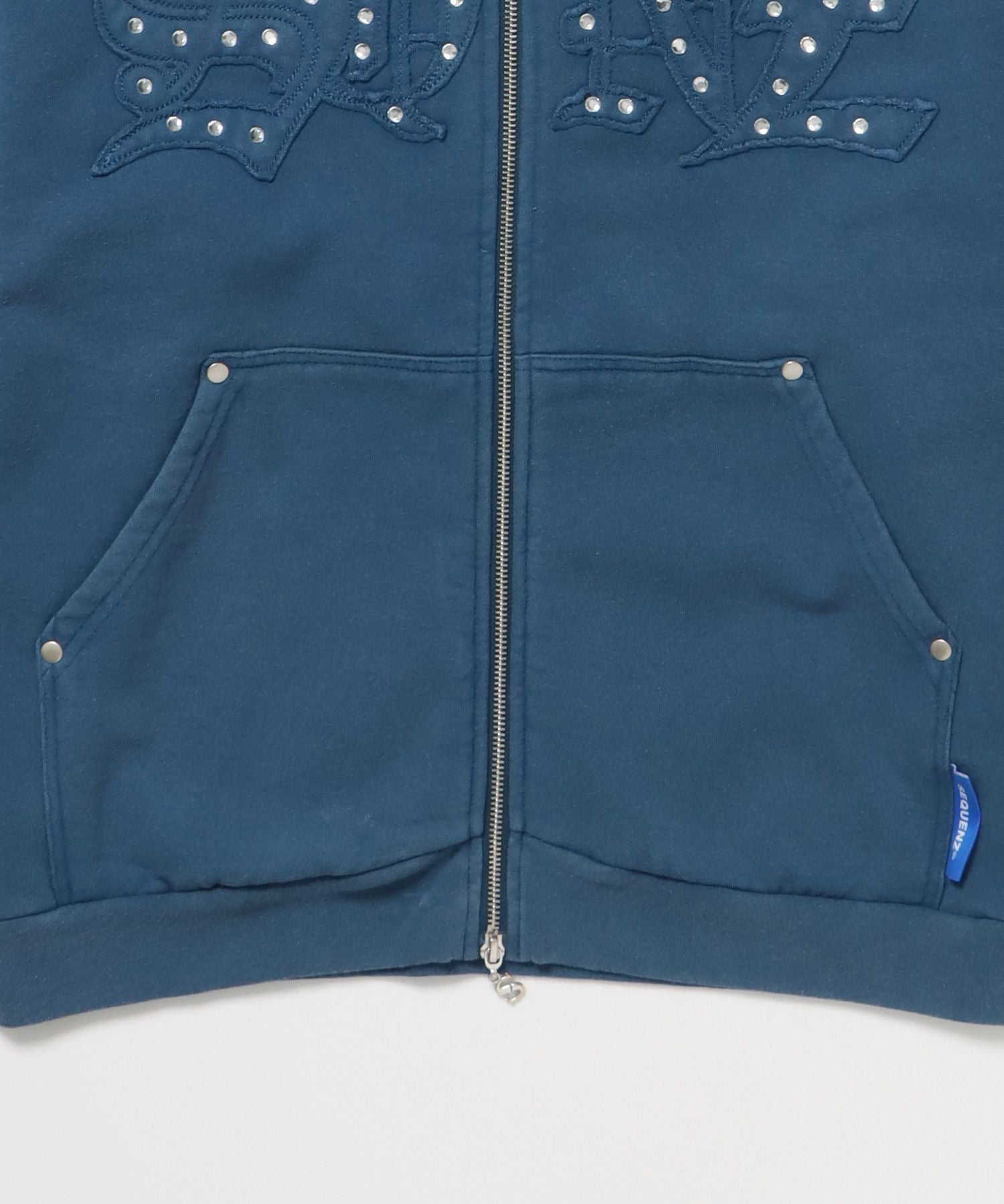 APPLIQUE STONE FADE ZIP P/K / ラインストーン ジップパーカー ダブルジップ 裏起毛 加工 【セットアップ】 ブルー