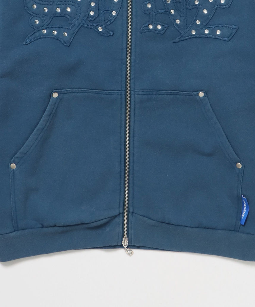 APPLIQUE STONE FADE ZIP P/K / ラインストーン ジップパーカー ダブルジップ 裏起毛 加工 【セットアップ】 ブルー