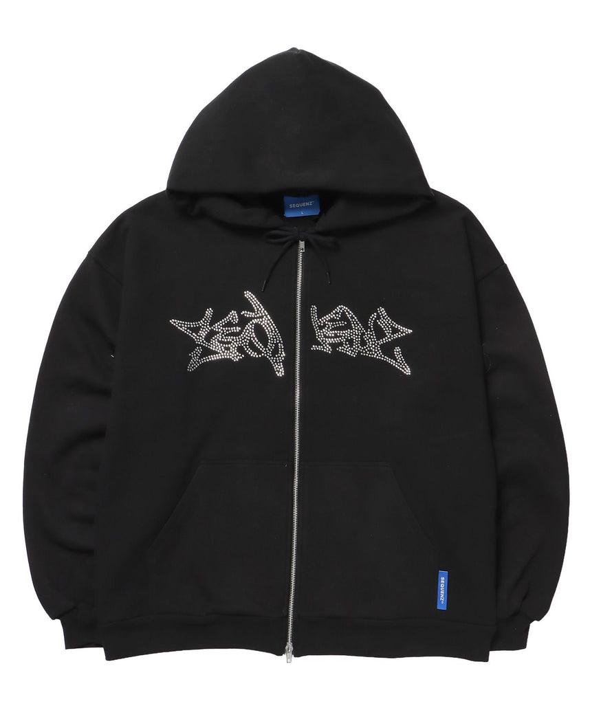 【SEQUENZ(シークエンズ)】RHINE STONE ZIP P/K / ラインストーン ジップパーカー 裏起毛 フーディ スウェット ブラック