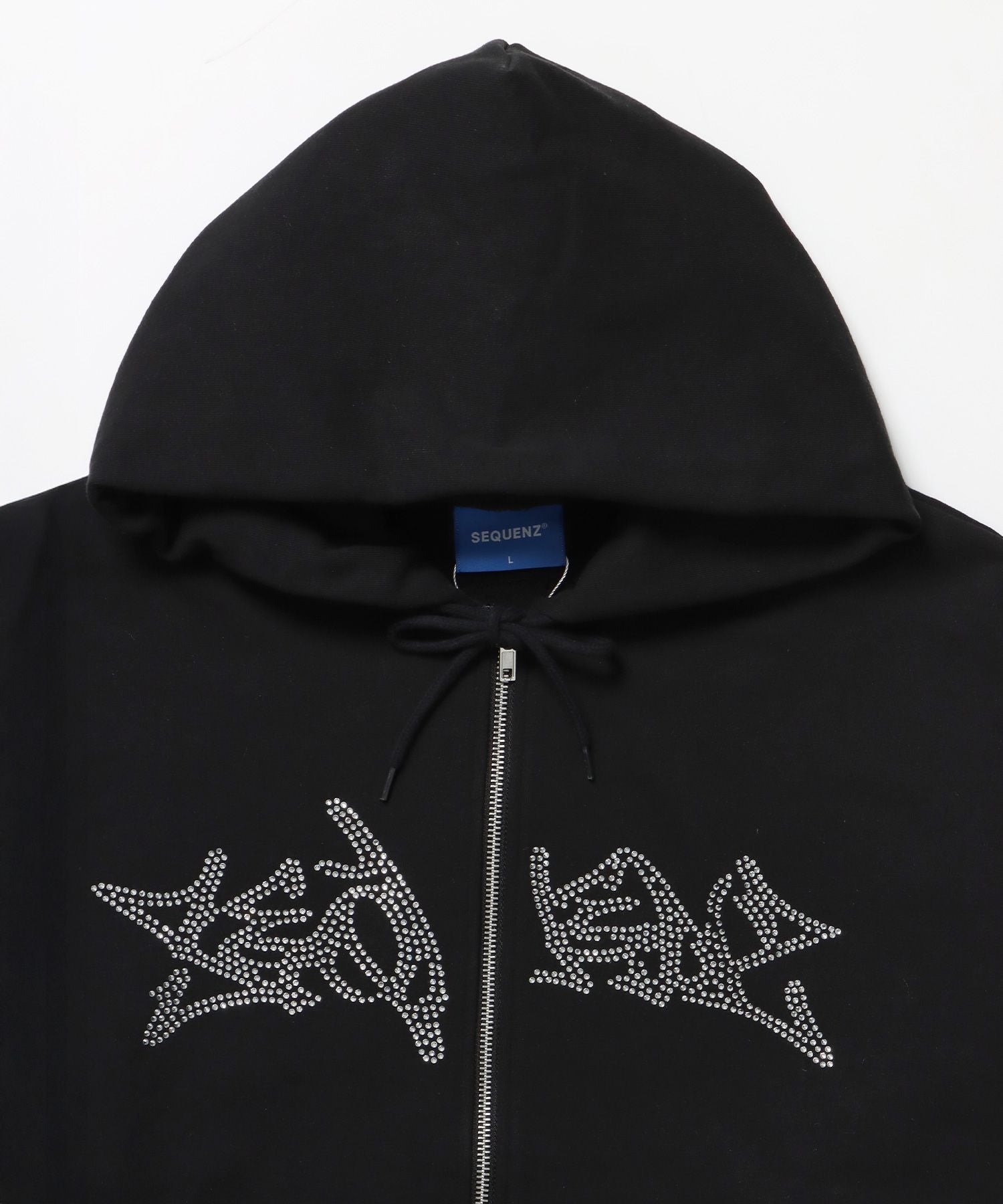 RHINE STONE ZIP P/K / ラインストーン ジップパーカー 裏起毛 フーディ スウェット ブラック