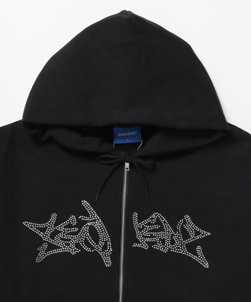 RHINE STONE ZIP P/K / ラインストーン ジップパーカー 裏起毛 フーディ スウェット ブラック