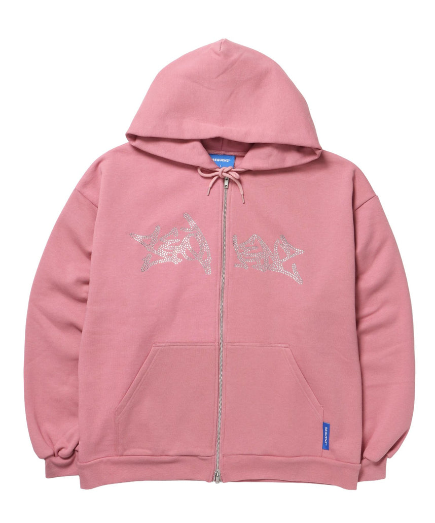 【SEQUENZ(シークエンズ)】RHINE STONE ZIP P/K / ラインストーン ジップパーカー 裏起毛 フーディ スウェット ピンク