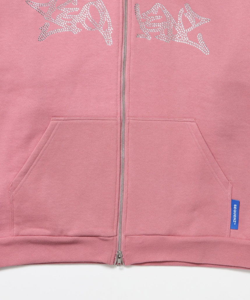 RHINE STONE ZIP P/K / ラインストーン ジップパーカー 裏起毛 フーディ スウェット ピンク