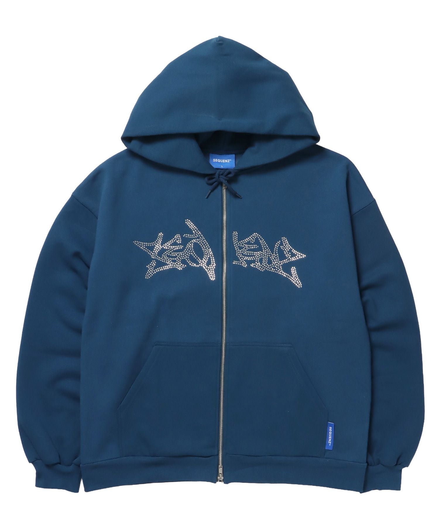 【SEQUENZ(シークエンズ)】RHINE STONE ZIP P/K / ラインストーン ジップパーカー 裏起毛 フーディ スウェット ブルー