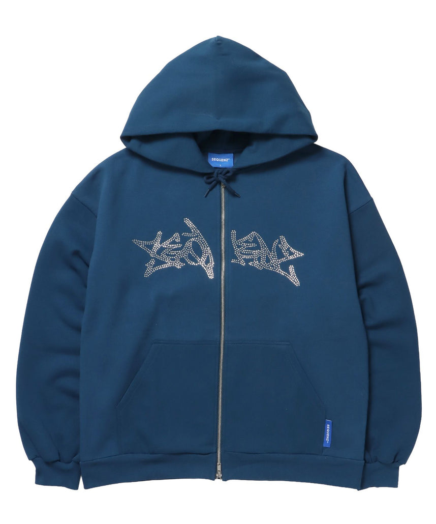 【SEQUENZ(シークエンズ)】RHINE STONE ZIP P/K / ラインストーン ジップパーカー 裏起毛 フーディ スウェット ブルー