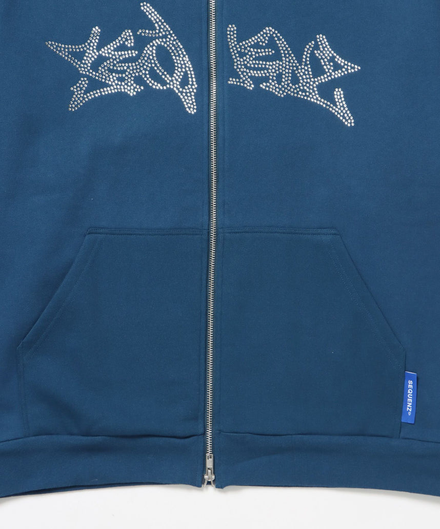 RHINE STONE ZIP P/K / ラインストーン ジップパーカー 裏起毛 フーディ スウェット ブルー