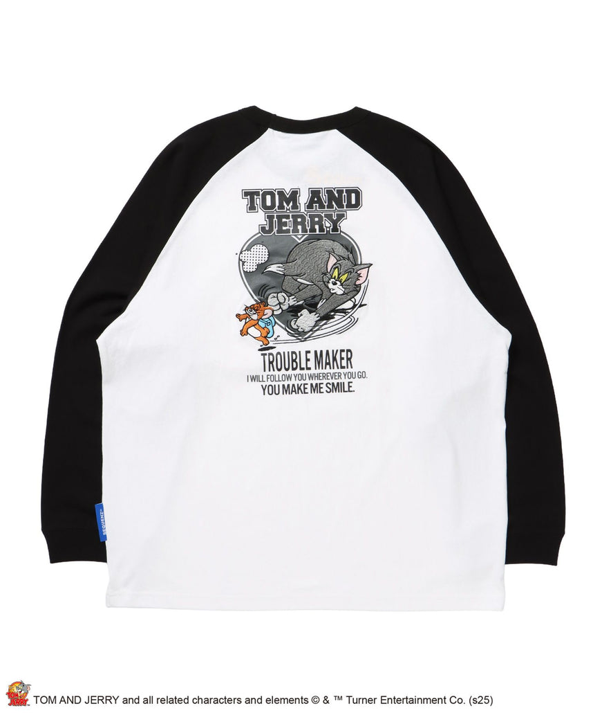 【SEQUENZ(シークエンズ)】TJ HEART VINTAGE RAGLAN TEE / トムとジェリー ラグランTシャツ 長袖 クルーネック プリント 刺繍 ブラック