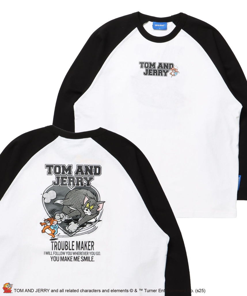 【SEQUENZ(シークエンズ)】TJ HEART VINTAGE RAGLAN TEE / トムとジェリー ラグランTシャツ 長袖 クルーネック プリント 刺繍 ブラック