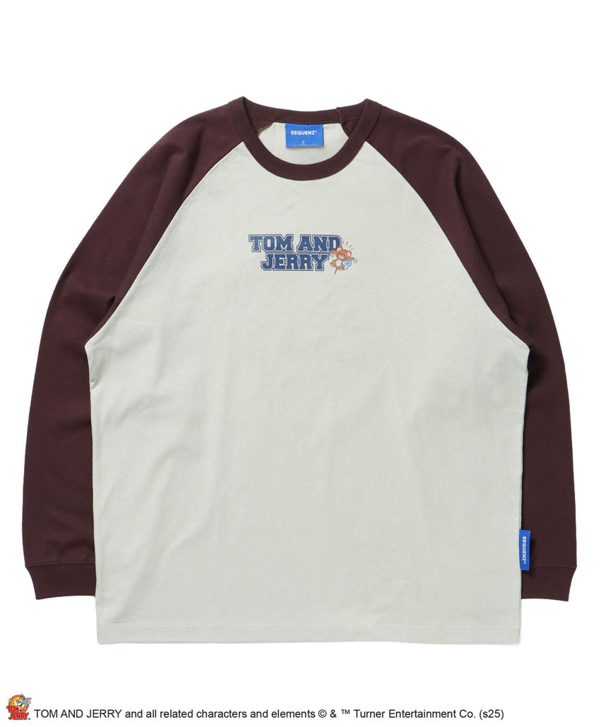 【SEQUENZ(シークエンズ)】TJ HEART VINTAGE RAGLAN TEE / トムとジェリー ラグランTシャツ 長袖 クルーネック プリント 刺繍 ダークブラウン