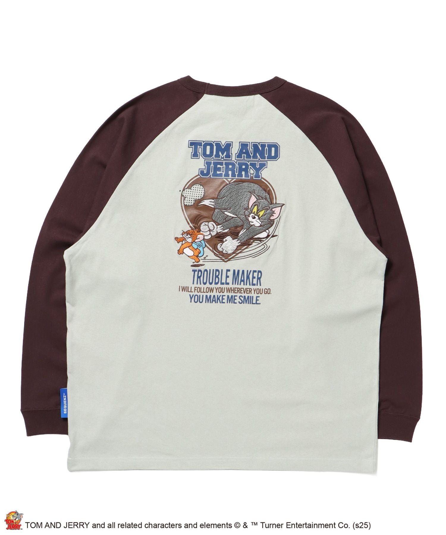 【SEQUENZ(シークエンズ)】TJ HEART VINTAGE RAGLAN TEE / トムとジェリー ラグランTシャツ 長袖 クルーネック プリント 刺繍 ダークブラウン