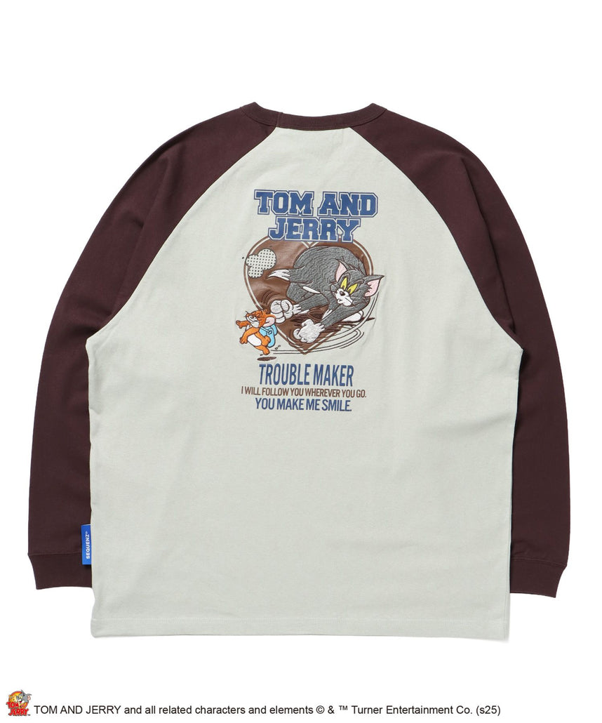 【SEQUENZ(シークエンズ)】TJ HEART VINTAGE RAGLAN TEE / トムとジェリー ラグランTシャツ 長袖 クルーネック プリント 刺繍 ダークブラウン