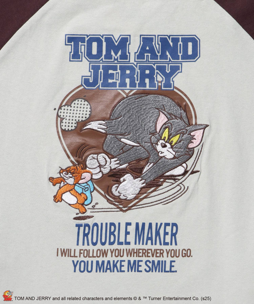 TJ HEART VINTAGE RAGLAN TEE / トムとジェリー ラグランTシャツ 長袖 クルーネック プリント 刺繍 ダークブラウン