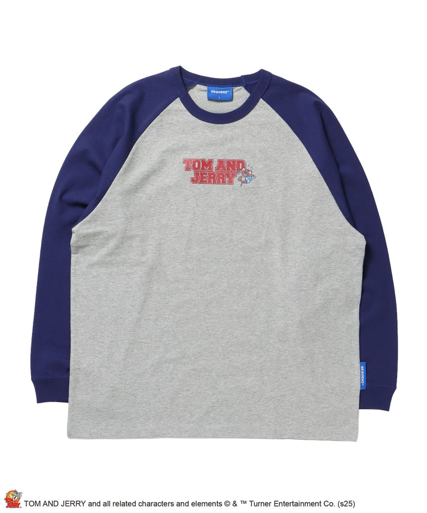 【SEQUENZ(シークエンズ)】TJ HEART VINTAGE RAGLAN TEE / トムとジェリー ラグランTシャツ 長袖 クルーネック プリント 刺繍 ネイビー