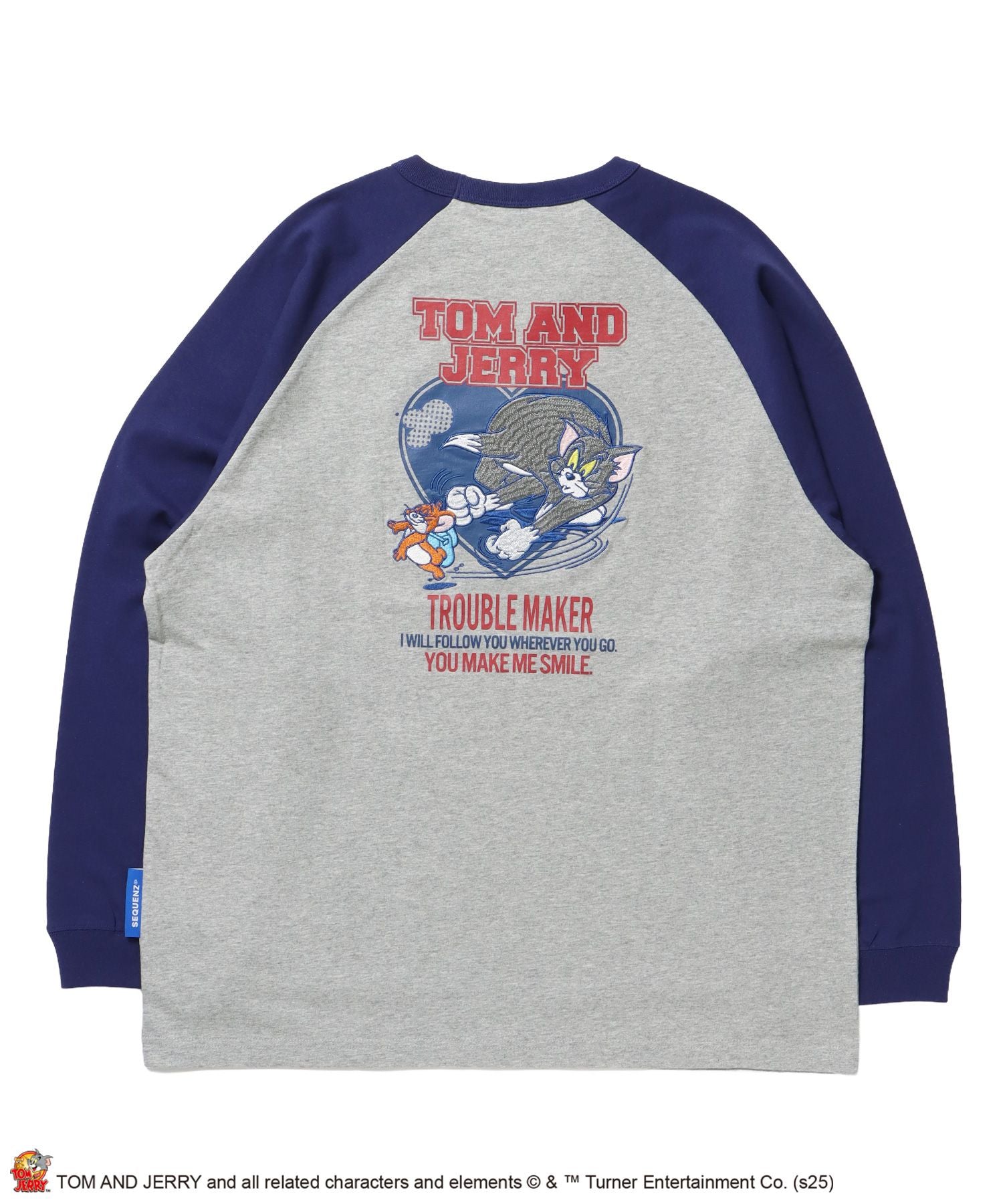【SEQUENZ(シークエンズ)】TJ HEART VINTAGE RAGLAN TEE / トムとジェリー ラグランTシャツ 長袖 クルーネック プリント 刺繍 ネイビー
