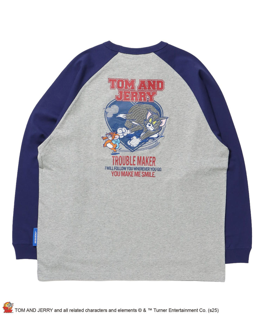 【SEQUENZ(シークエンズ)】TJ HEART VINTAGE RAGLAN TEE / トムとジェリー ラグランTシャツ 長袖 クルーネック プリント 刺繍 ネイビー