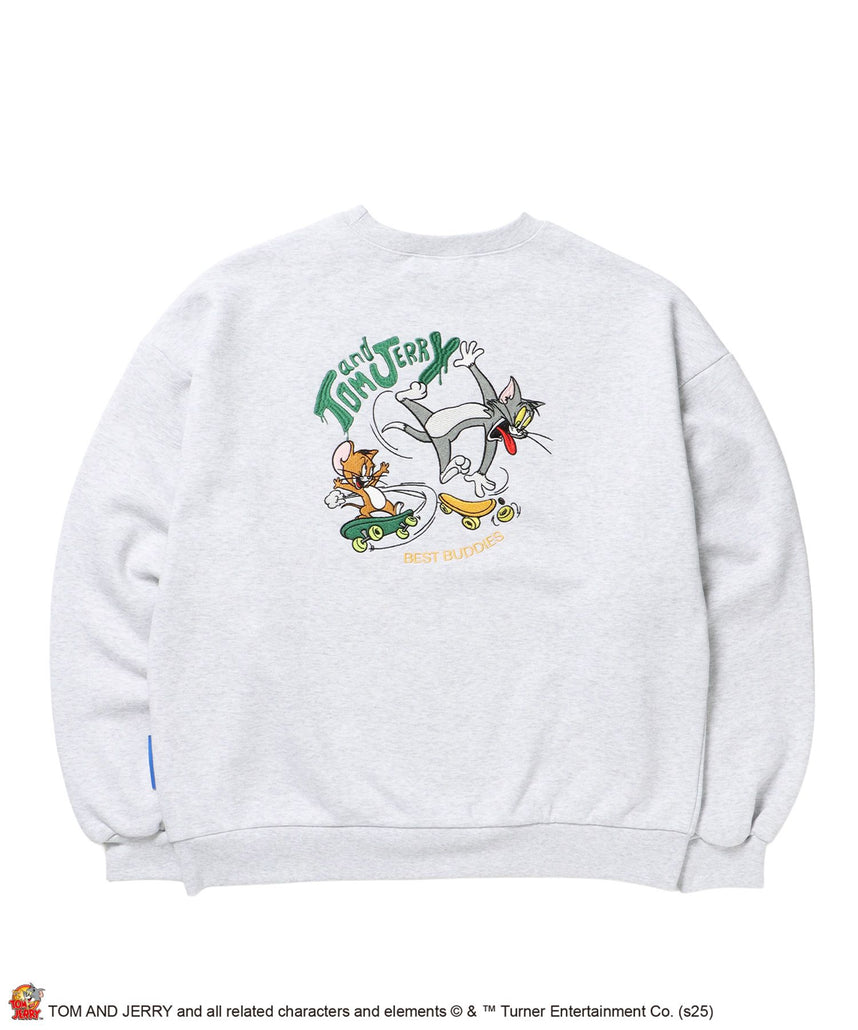 【SEQUENZ(シークエンズ)】TJ SKATE BOARD C/N SWEAT / トムとジェリー スウェット クルーネック 刺繍 裏起毛 アッシュグレー