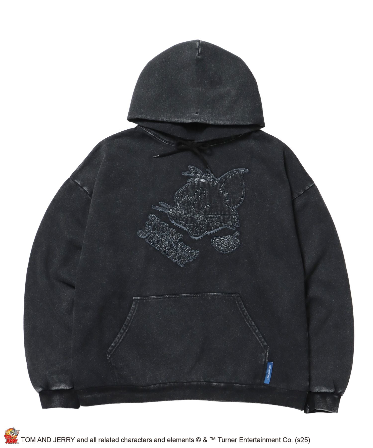 【SEQUENZ(シークエンズ)】TJ APPLIQUE WASHED PK / トムとジェリー パーカー 加工 ワッペン 裏起毛 フーディ ブラック