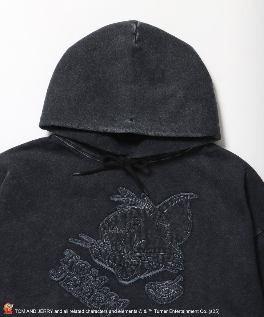 TJ APPLIQUE WASHED PK / トムとジェリー パーカー 加工 ワッペン 裏起毛 フーディ ブラック