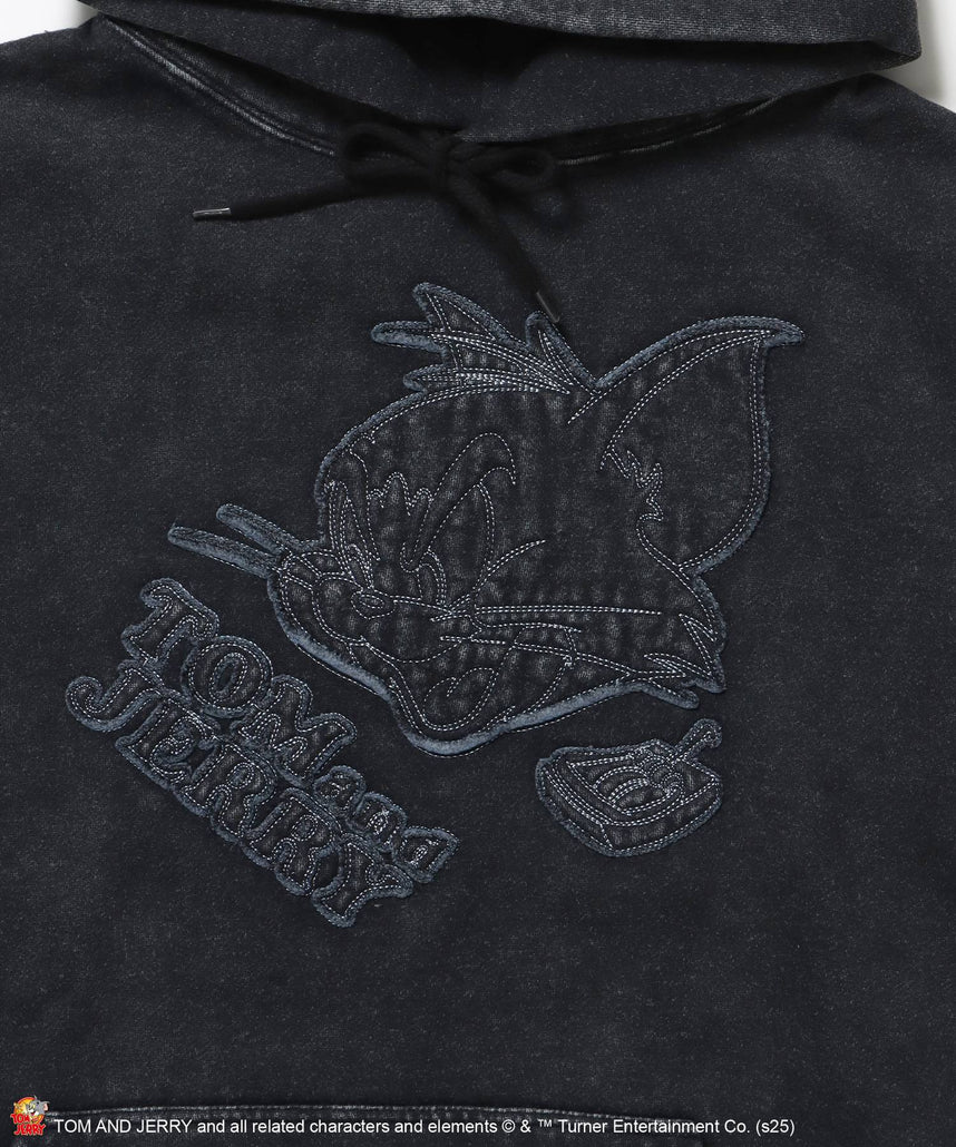 TJ APPLIQUE WASHED PK / トムとジェリー パーカー 加工 ワッペン 裏起毛 フーディ ブラック