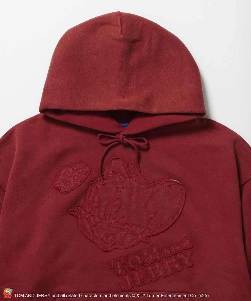 TJ APPLIQUE WASHED PK / トムとジェリー パーカー 加工 ワッペン 裏起毛 フーディ バーガンディー