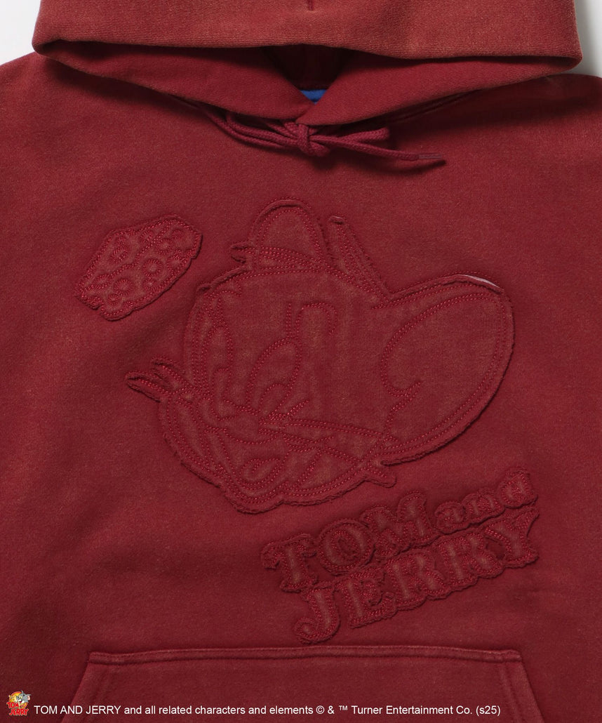 TJ APPLIQUE WASHED PK / トムとジェリー パーカー 加工 ワッペン 裏起毛 フーディ バーガンディー