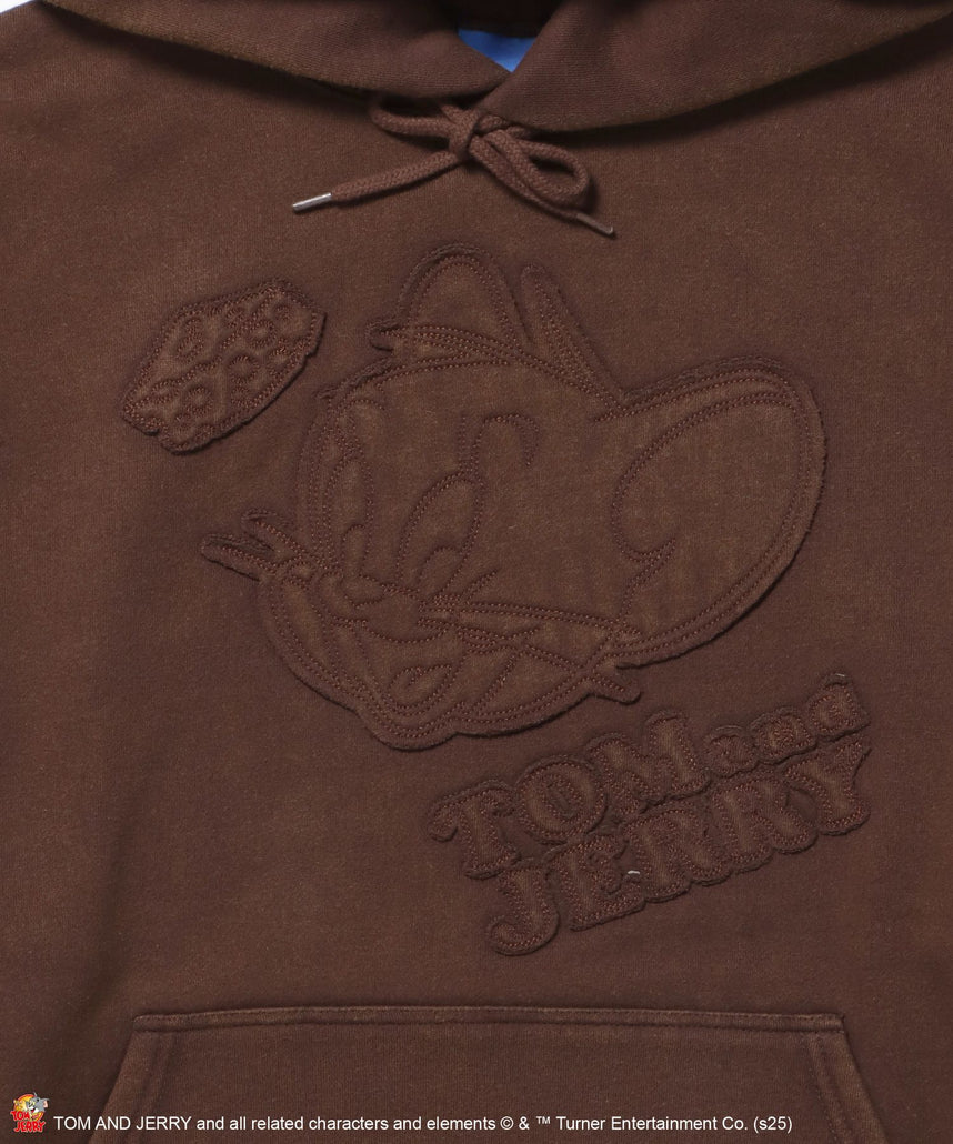 TJ APPLIQUE WASHED PK / トムとジェリー パーカー 加工 ワッペン 裏起毛 フーディ ブラウン