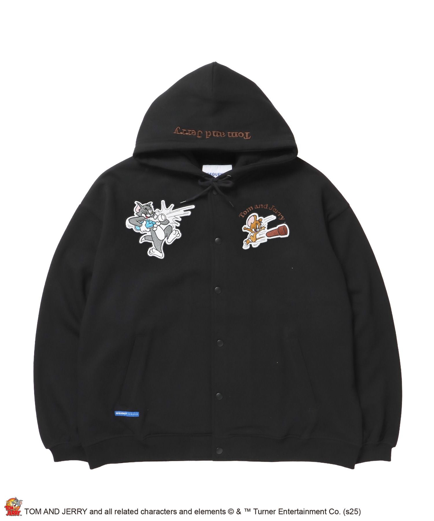 【SEQUENZ(シークエンズ)】TJ RAMUNE SHOT SNAP HOODIE / トムとジェリー スナップフーディ パーカー 刺繍 裏起毛 ブラック