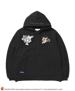 TJ RAMUNE SHOT SNAP HOODIE / トムとジェリー スナップフーディ パーカー 刺繍 裏起毛 ブラック