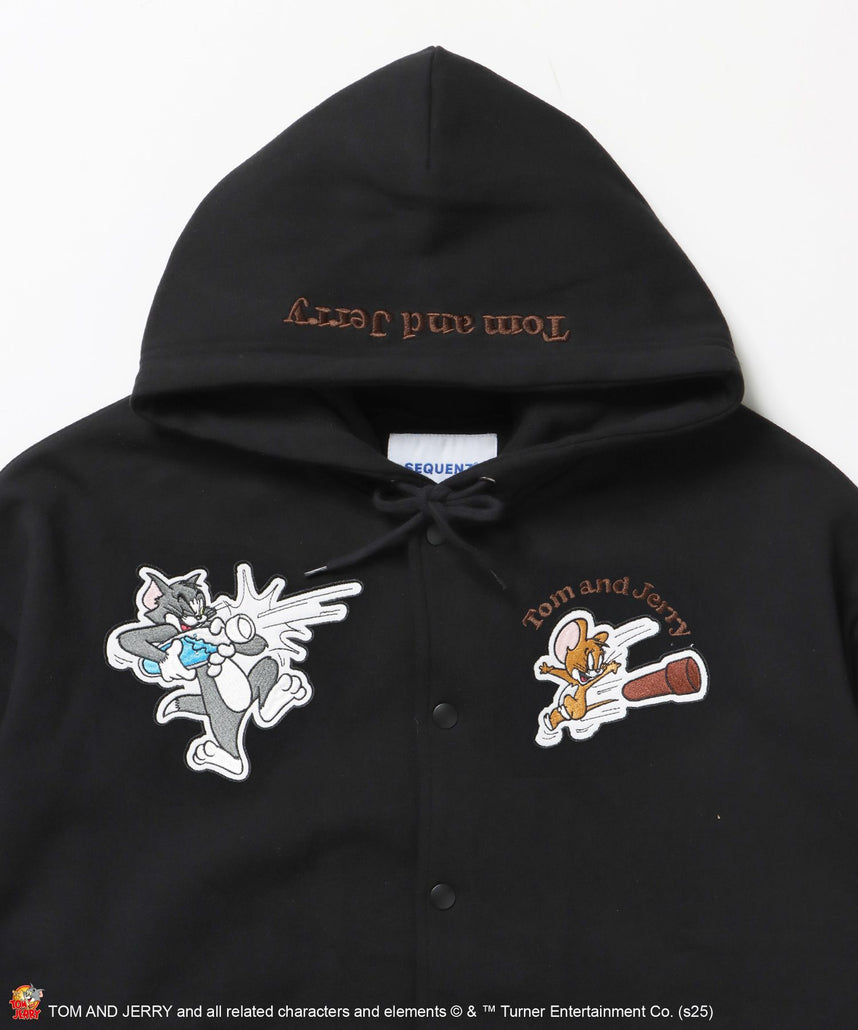 TJ RAMUNE SHOT SNAP HOODIE / トムとジェリー スナップフーディ パーカー 刺繍 裏起毛 ブラック