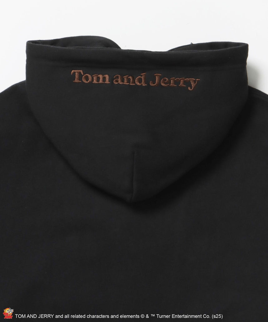 TJ RAMUNE SHOT SNAP HOODIE / トムとジェリー スナップフーディ パーカー 刺繍 裏起毛 ブラック