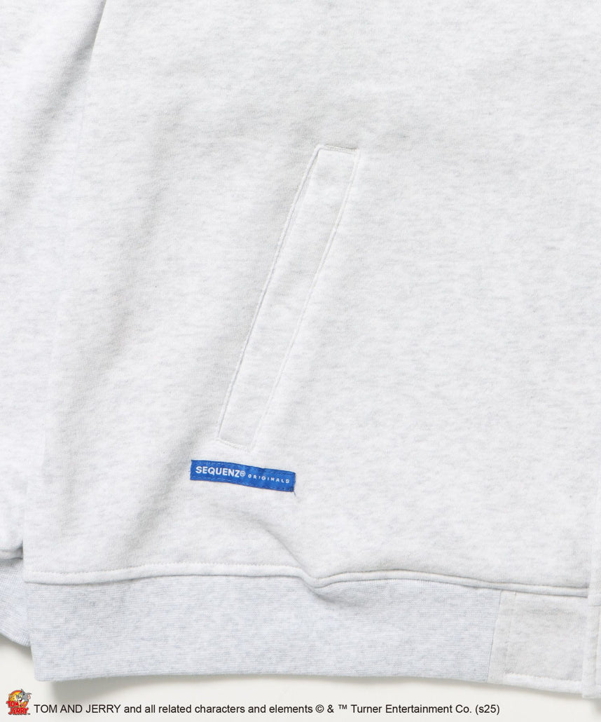 TJ RAMUNE SHOT SNAP HOODIE / トムとジェリー スナップフーディ パーカー 刺繍 裏起毛 アッシュグレー