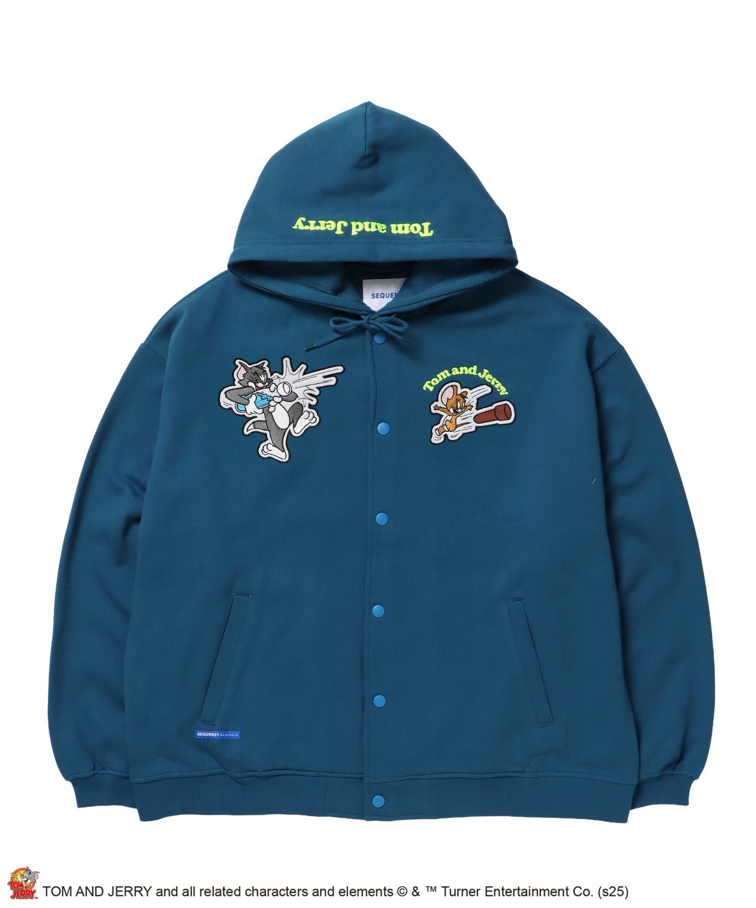 【SEQUENZ(シークエンズ)】TJ RAMUNE SHOT SNAP HOODIE / トムとジェリー スナップフーディ パーカー 刺繍 裏起毛 グリーン