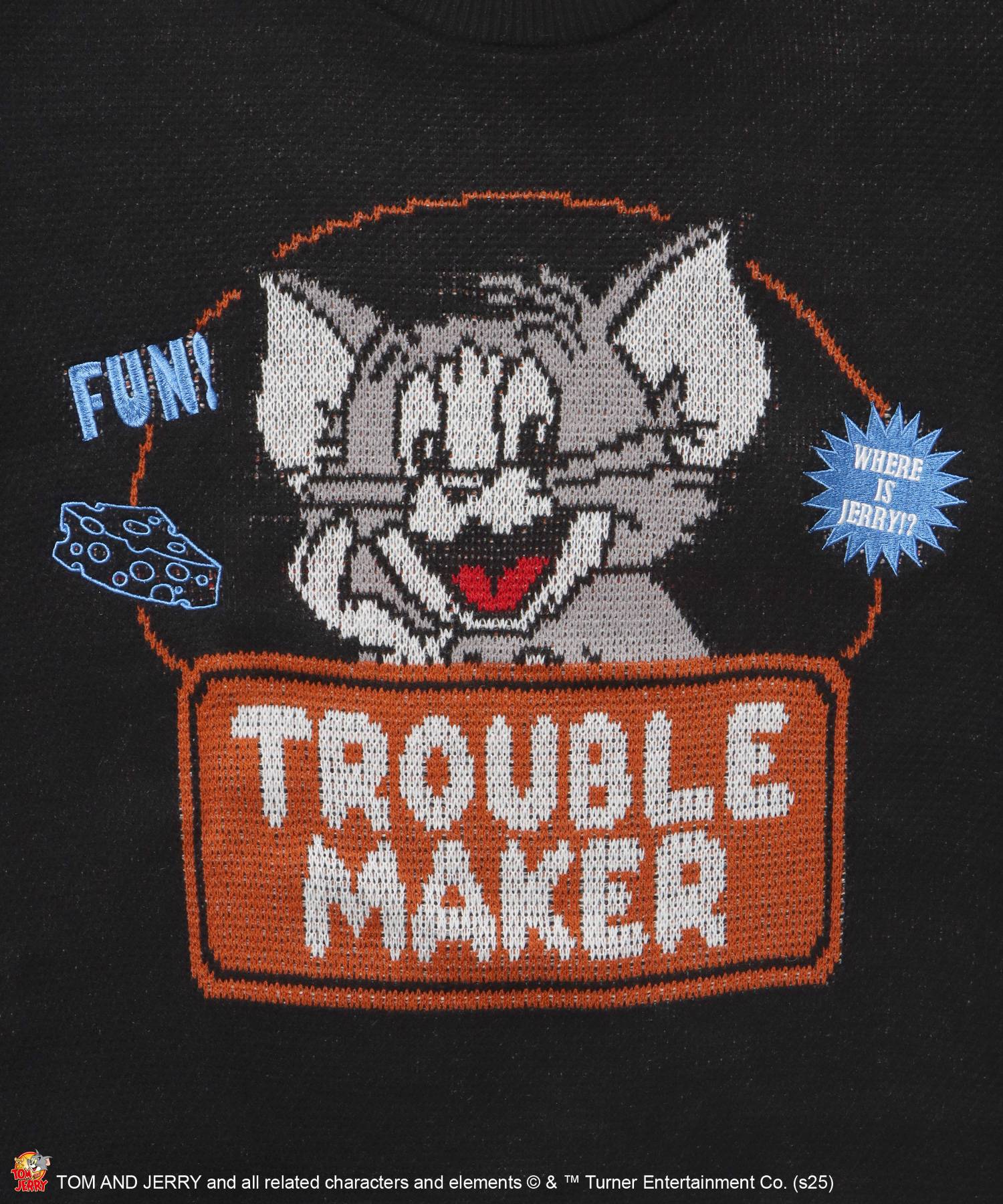 TJ TROUBLE MAKER KNIT / トムとジェリー ニット 刺繍 ジャカード クルーネック リバーシブル ブラック