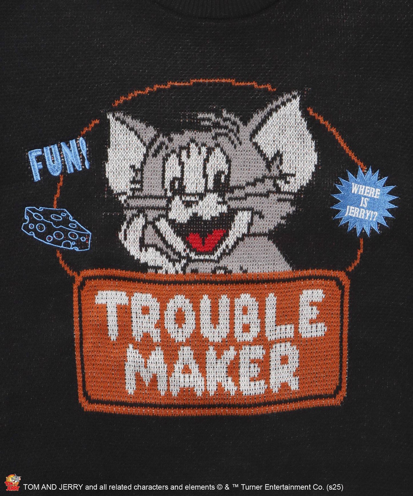 TJ TROUBLE MAKER KNIT / トムとジェリー ニット 刺繍 ジャカード クルーネック リバーシブル ブラック