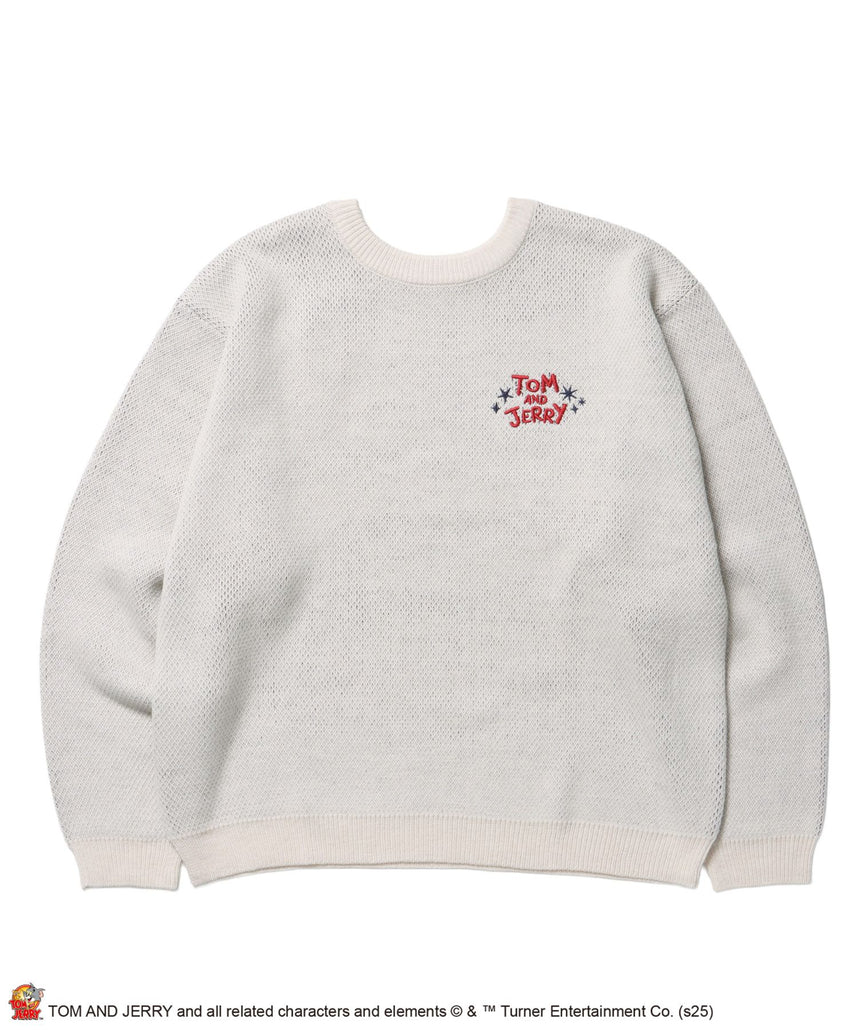 【SEQUENZ(シークエンズ)】TJ TROUBLE MAKER KNIT / トムとジェリー ニット 刺繍 ジャカード クルーネック リバーシブル アイボリー