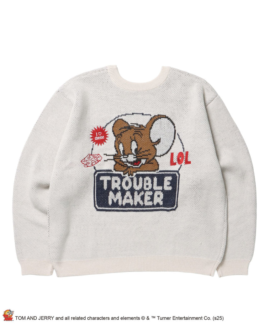 【SEQUENZ(シークエンズ)】TJ TROUBLE MAKER KNIT / トムとジェリー ニット 刺繍 ジャカード クルーネック リバーシブル アイボリー