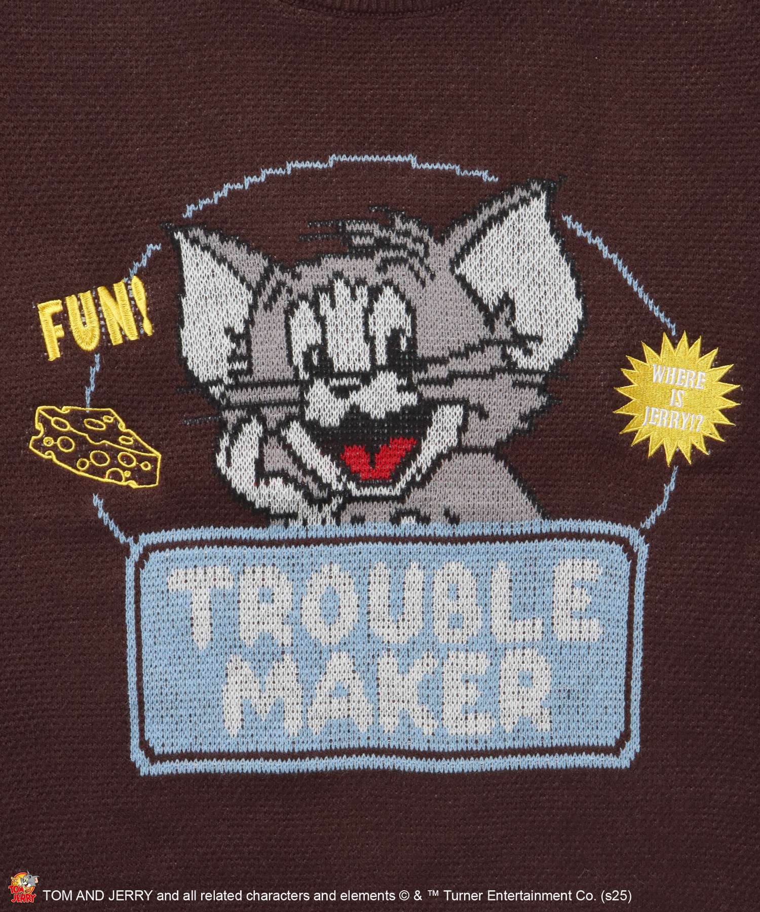 TJ TROUBLE MAKER KNIT / トムとジェリー ニット 刺繍 ジャカード クルーネック リバーシブル ブラウン